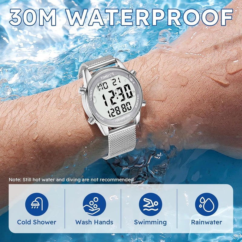 TIMEURE Men's Pedometer Watch with Stainless Steel Bracelet,Step Counter Watch No App, No Charging Needed for Ourdoor Walking, Calorie, Distance, Alarm, Countdown Timer Watch TU-2306B - Image 3